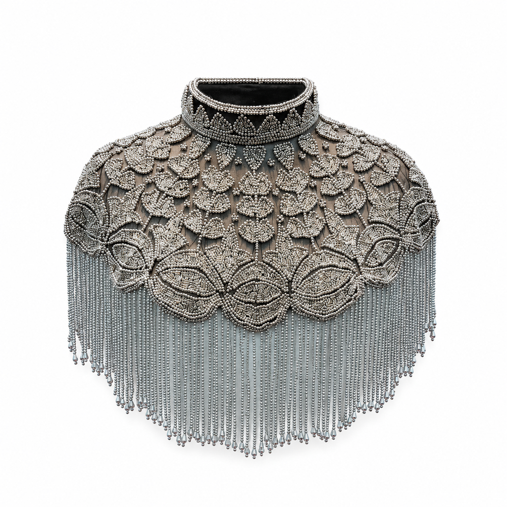 The "Silver Bazaar" Beaded Fringe Cape, Silver