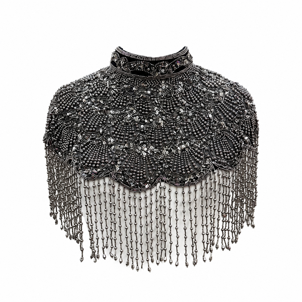 The "Gatsby" Beaded Fringe Cape, Graphite