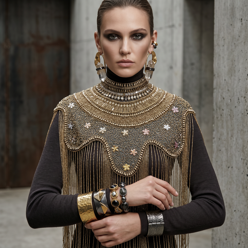 The "Antique Garden" Beaded Fringe Cape, Black & Gold