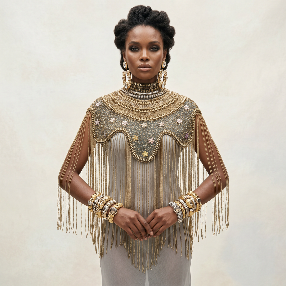 The "Antique Garden" Beaded Fringe Cape, Black & Gold