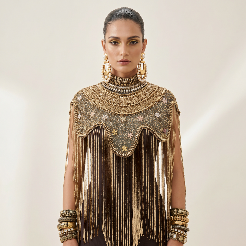 The "Antique Garden" Beaded Fringe Cape, Black & Gold