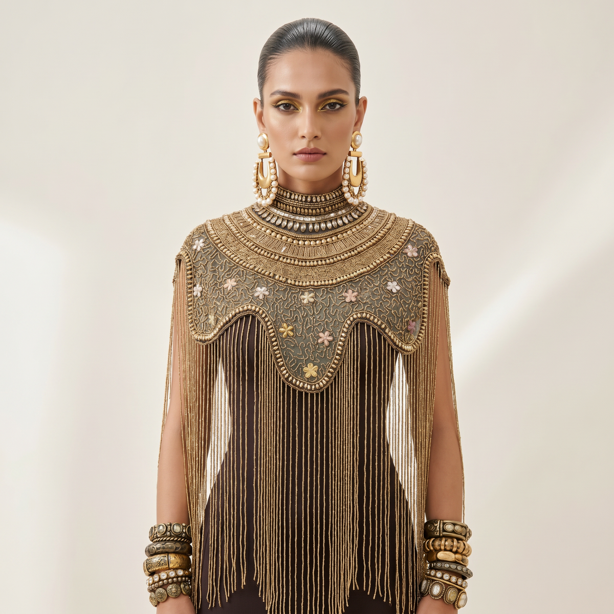 The "Antique Garden" Beaded Fringe Cape, Black & Gold