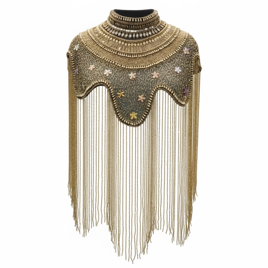 The "Antique Garden" Beaded Fringe Cape, Black & Gold