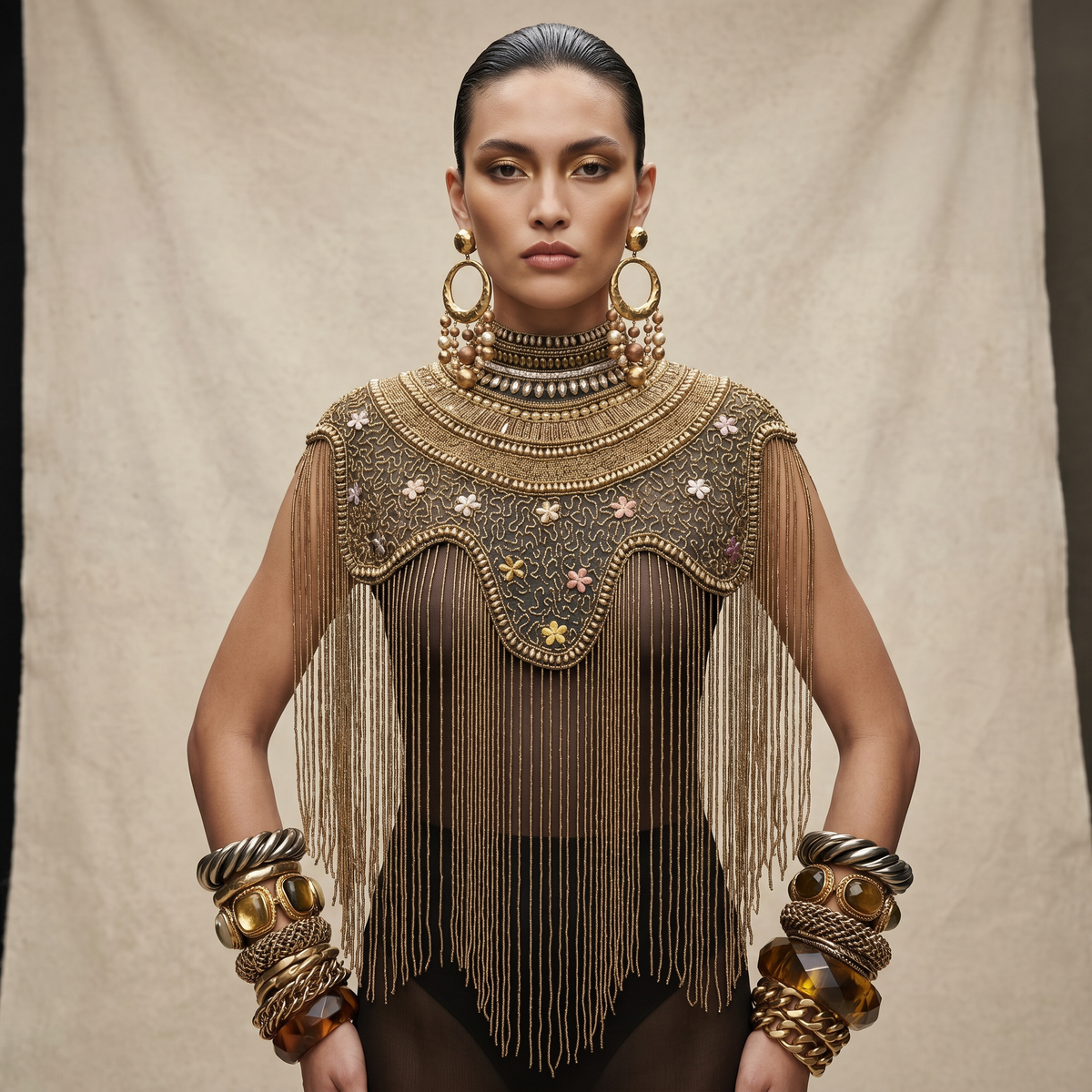 The "Antique Garden" Beaded Fringe Cape, Black & Gold