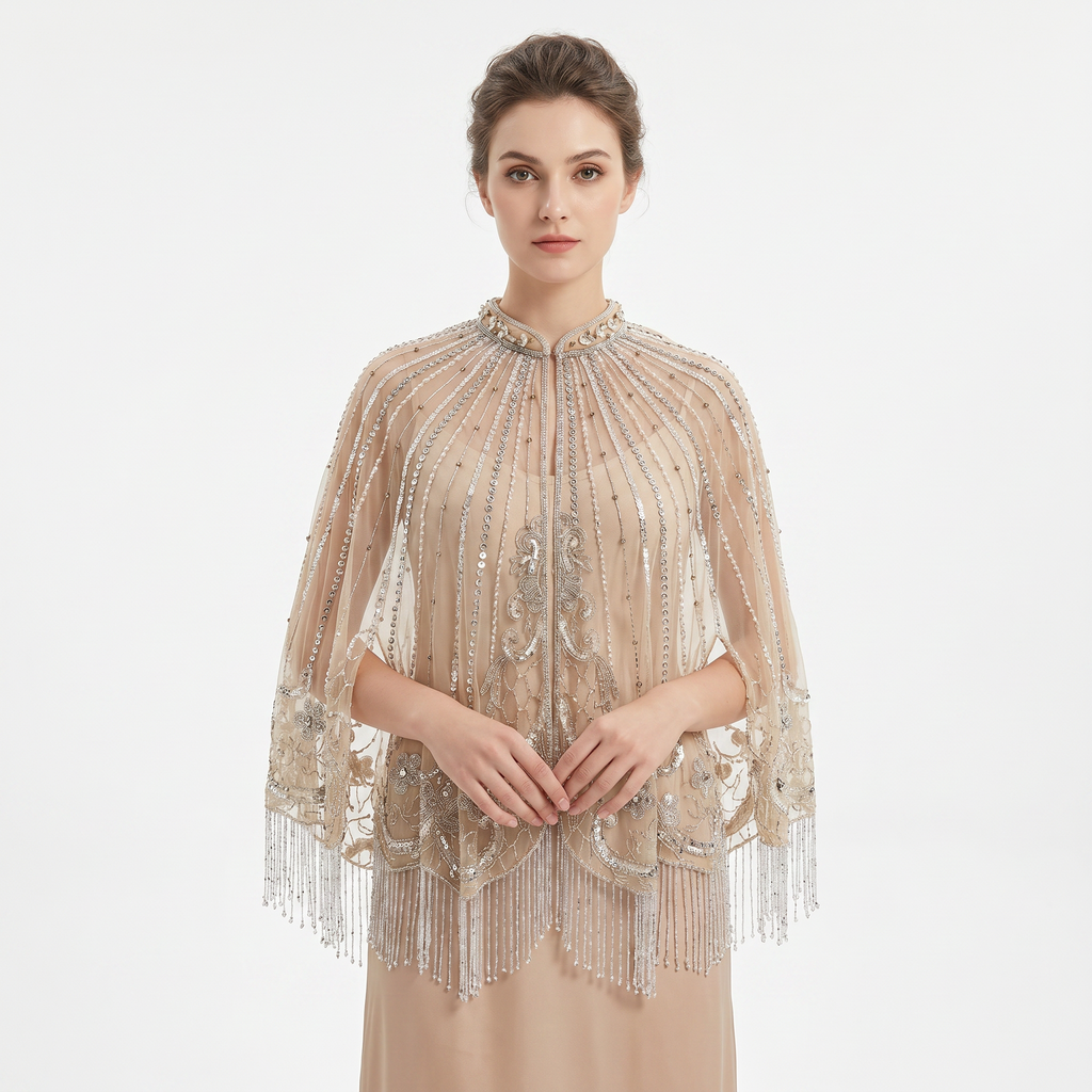 The "Amara" Beaded Fringe Capelet, Champagne