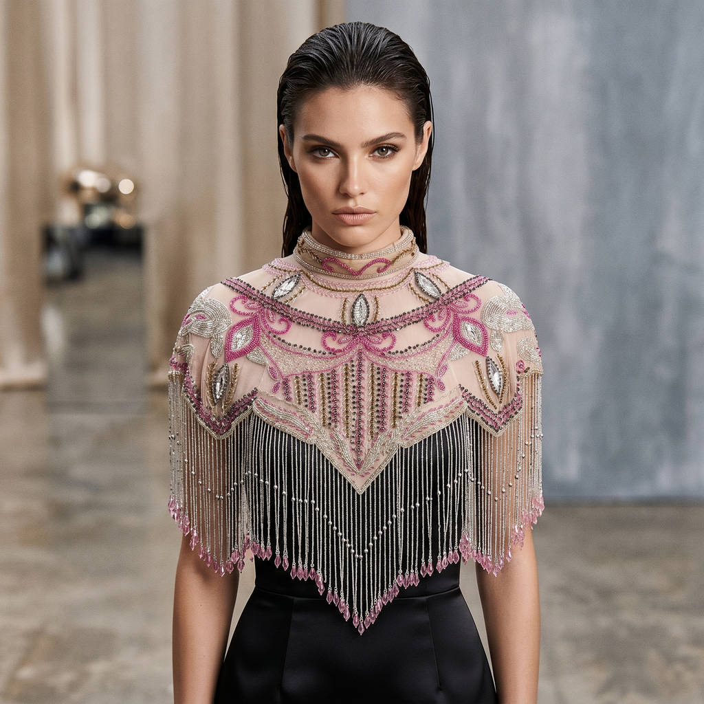 The "Pink Cabaret" Beaded Fringe Cape, Pink Gold & Silver