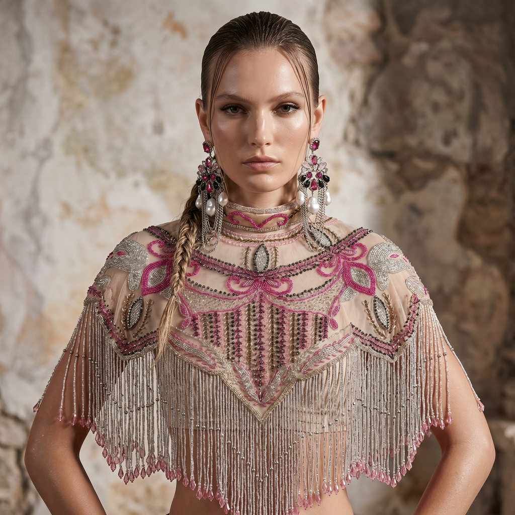 The "Pink Cabaret" Beaded Fringe Cape, Pink Gold & Silver