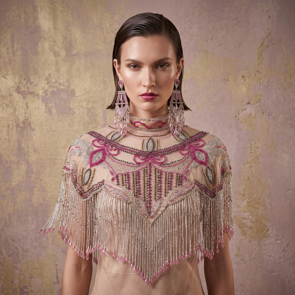 The "Pink Cabaret" Beaded Fringe Cape, Pink Gold & Silver