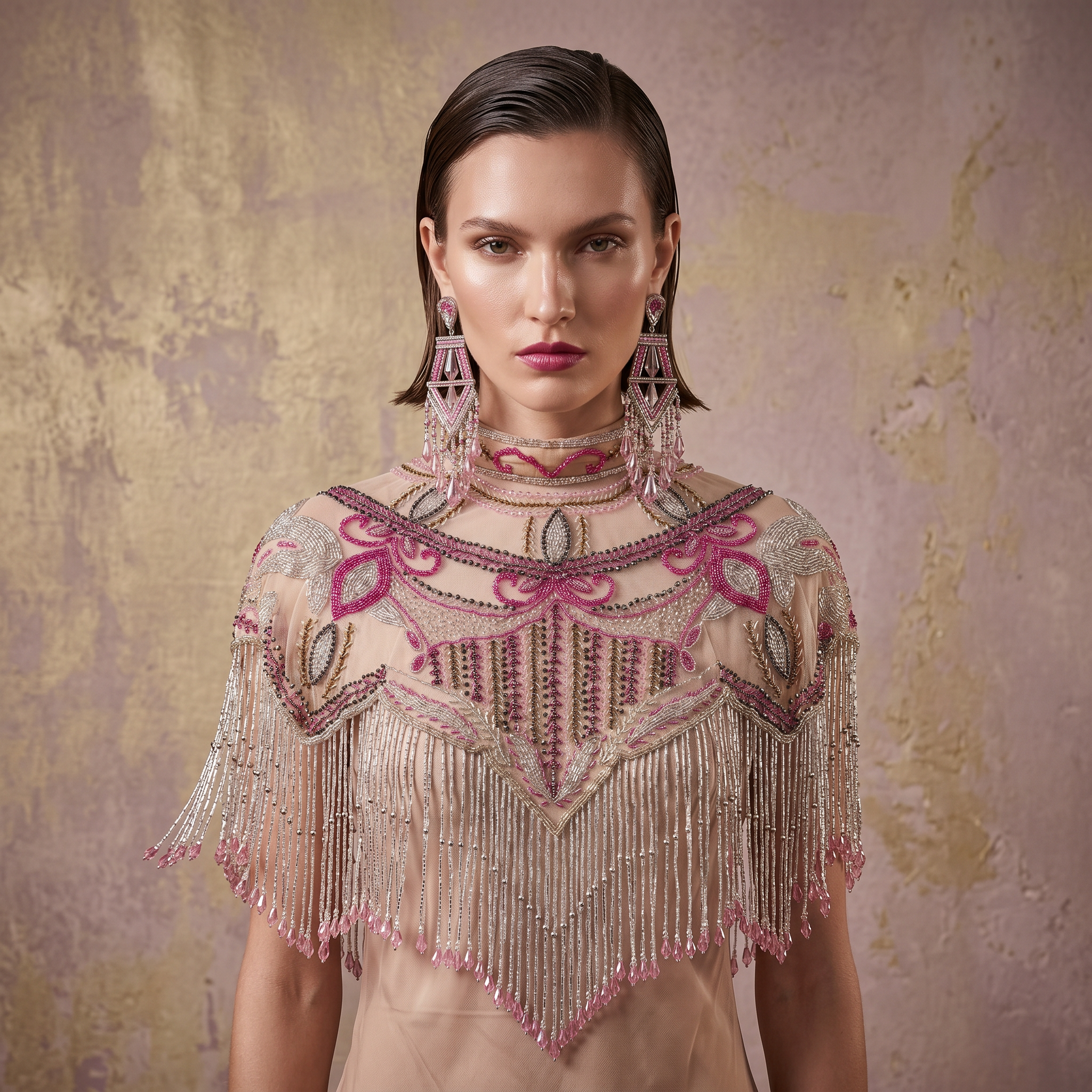 The "Pink Cabaret" Beaded Fringe Cape, Pink Gold & Silver