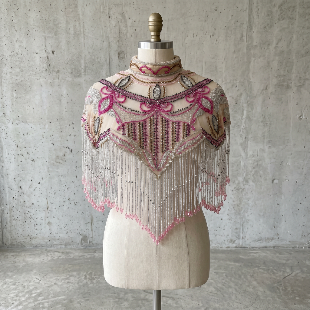 The "Pink Cabaret" Beaded Fringe Cape, Pink Gold & Silver