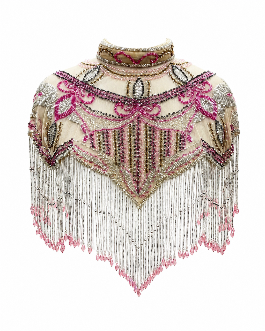 The "Pink Cabaret" Beaded Fringe Cape, Pink Gold & Silver