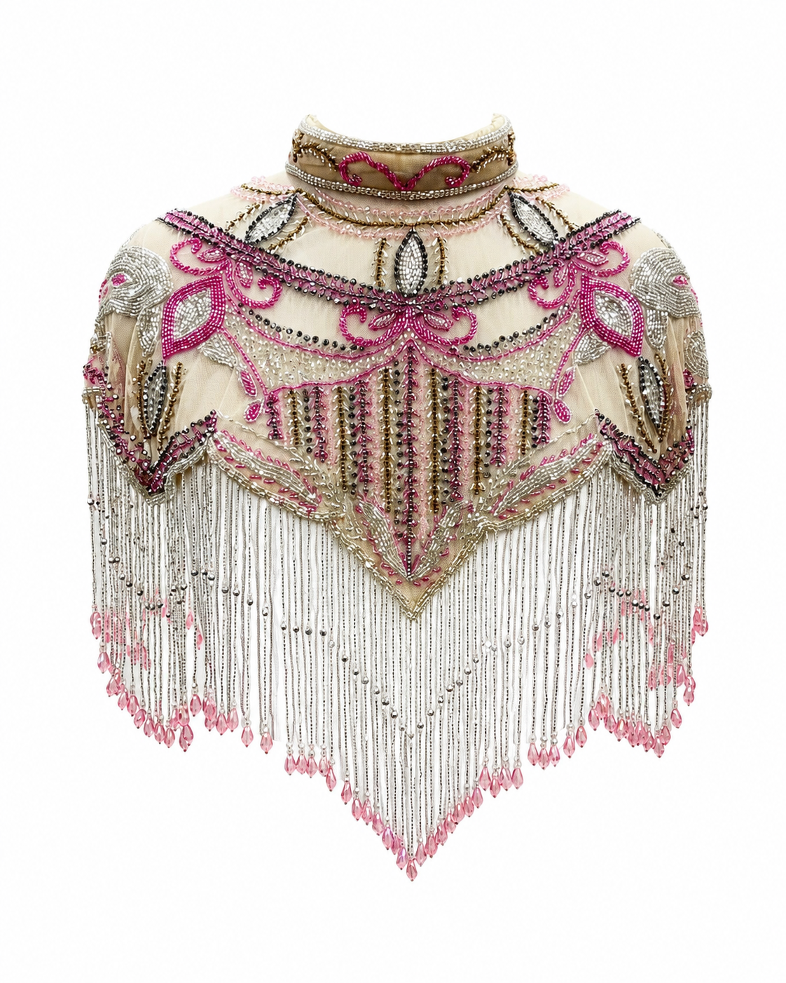 The "Pink Cabaret" Beaded Fringe Cape, Pink Gold & Silver