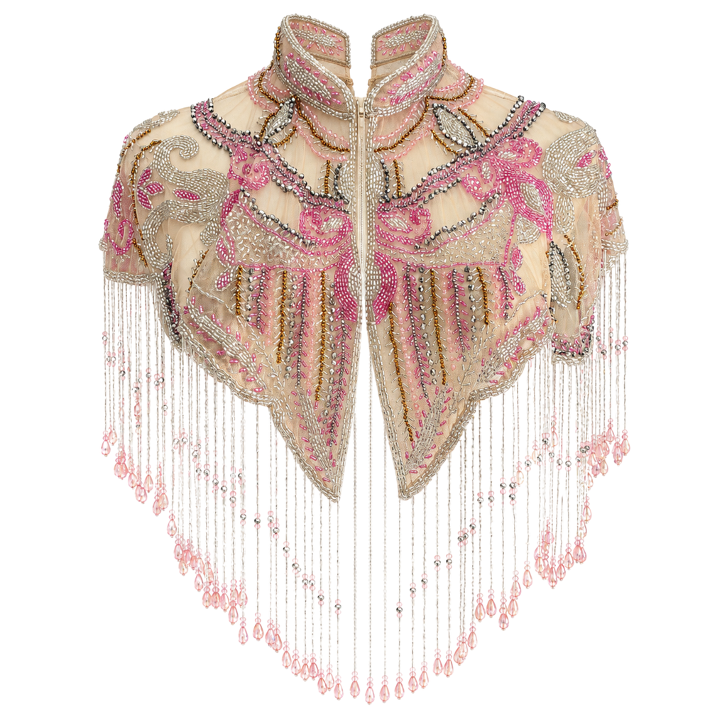The "Pink Cabaret" Beaded Fringe Cape, Pink Gold & Silver