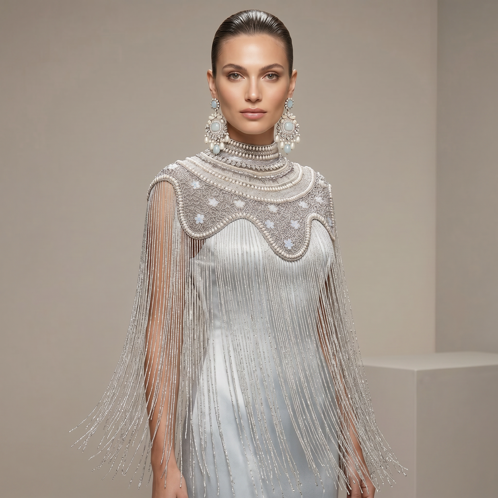 The "Antique Garden" Beaded Fringe Cape, Black & Silver