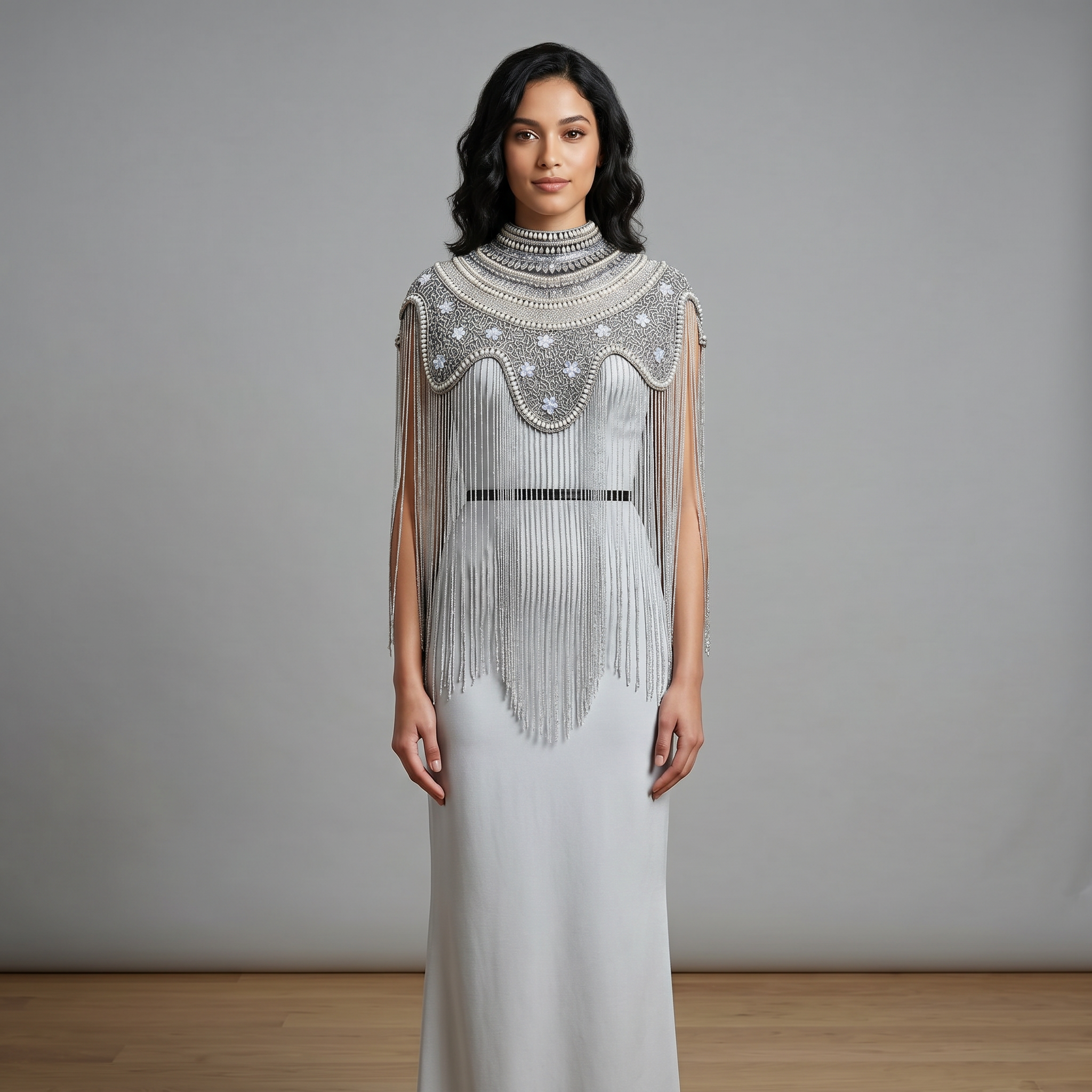 The "Antique Garden" Beaded Fringe Cape, Black & Silver