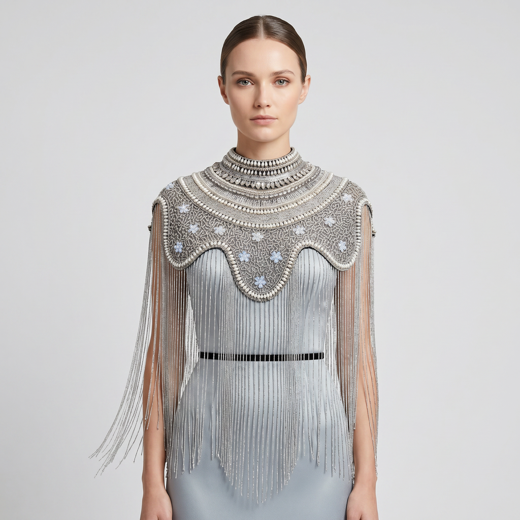The "Antique Garden" Beaded Fringe Cape, Black & Silver