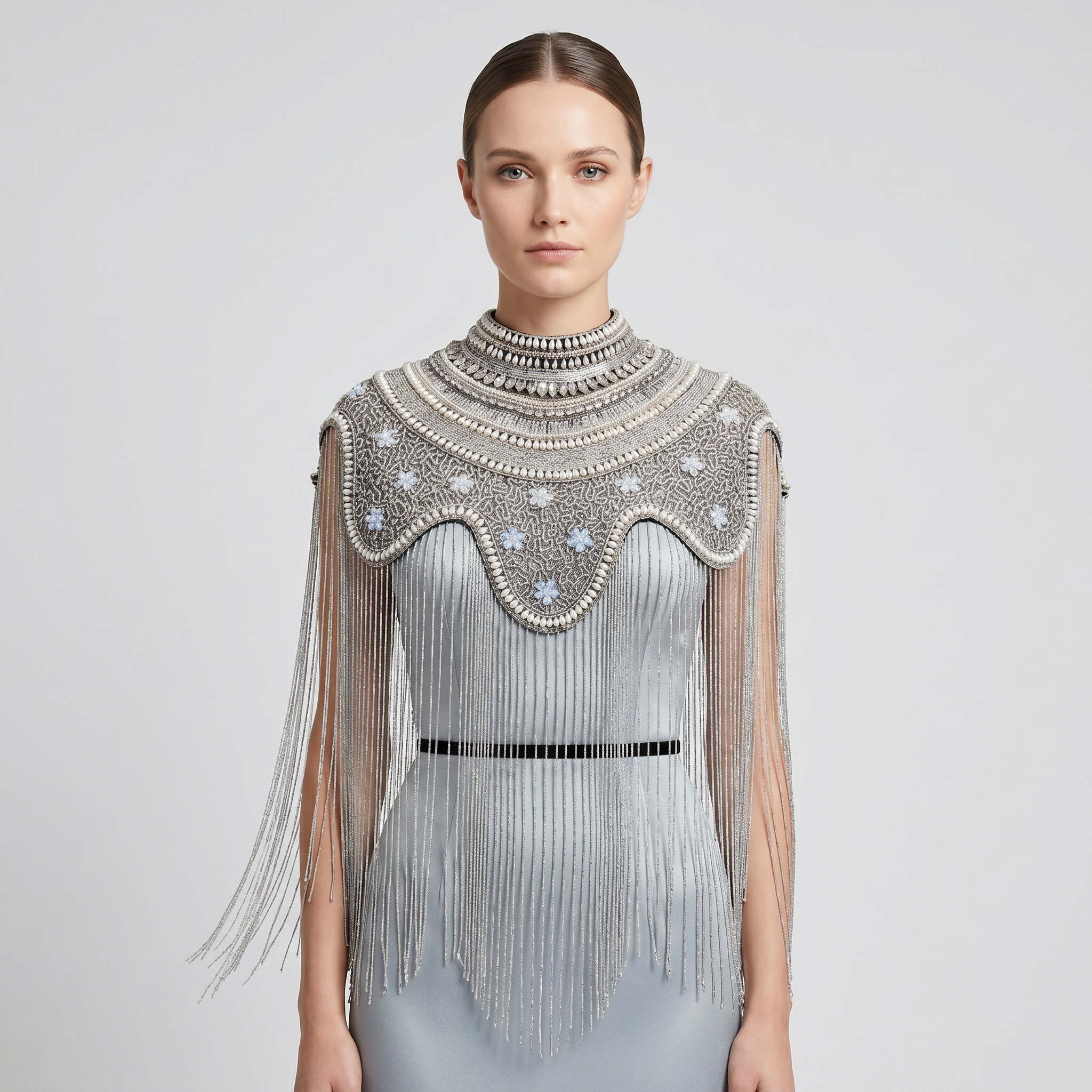 The "Antique Garden" Beaded Fringe Cape, Black & Silver