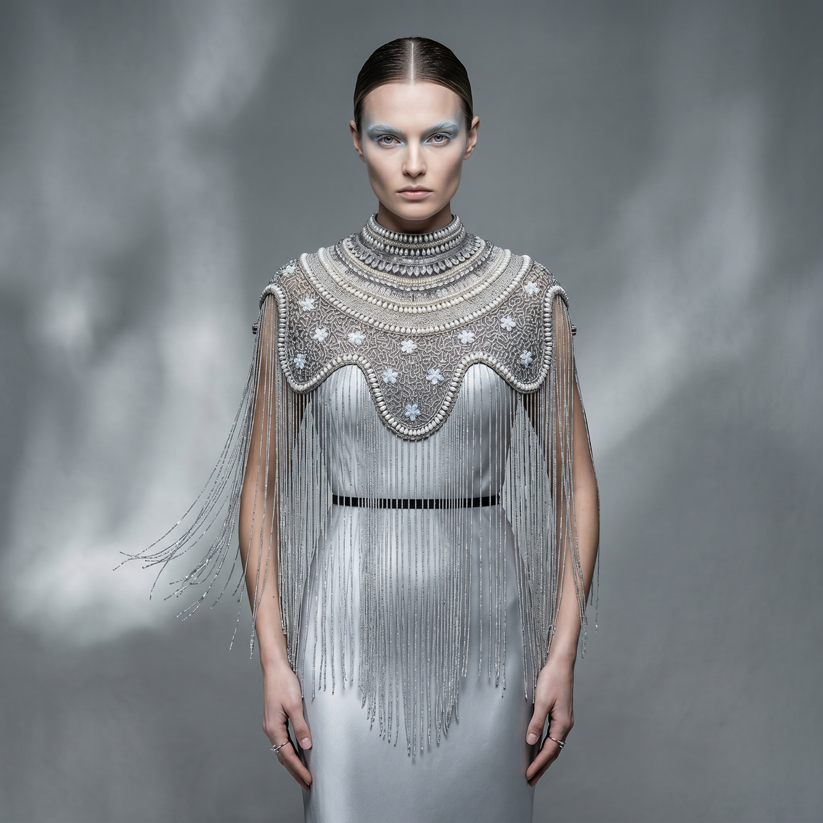 The "Antique Garden" Beaded Fringe Cape, Black & Silver