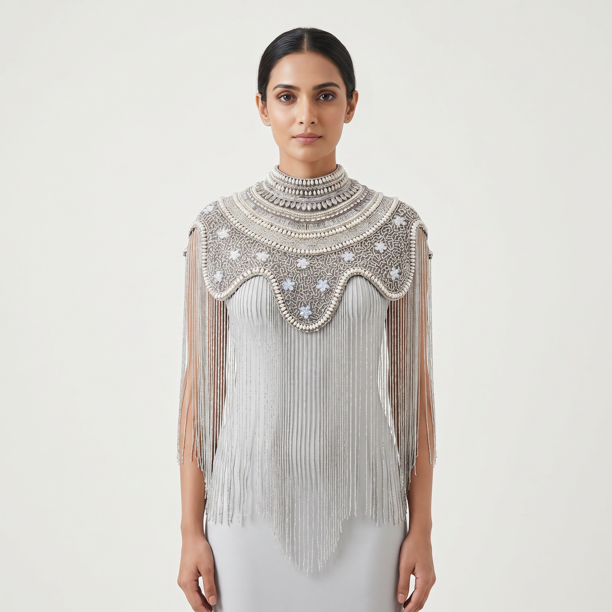 The "Antique Garden" Beaded Fringe Cape, Black & Silver