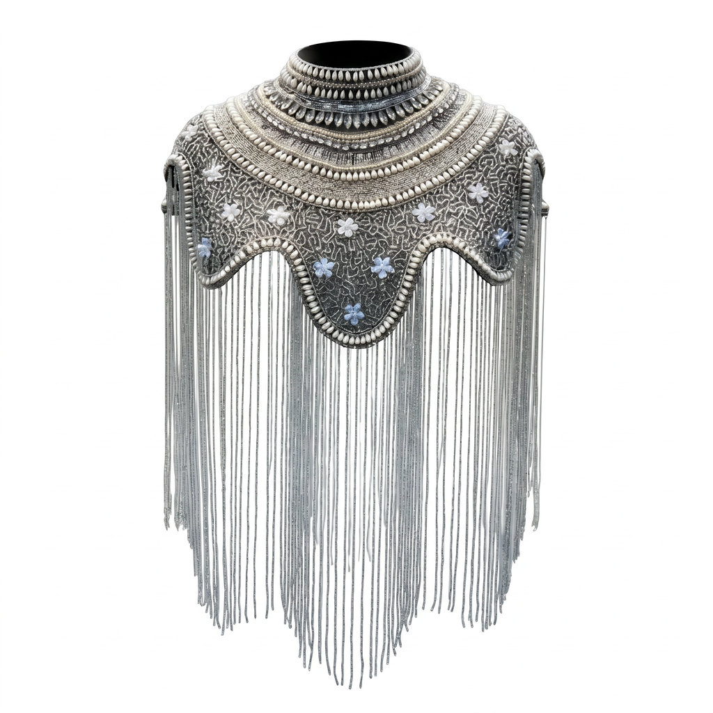 The "Antique Garden" Beaded Fringe Cape, Black & Silver