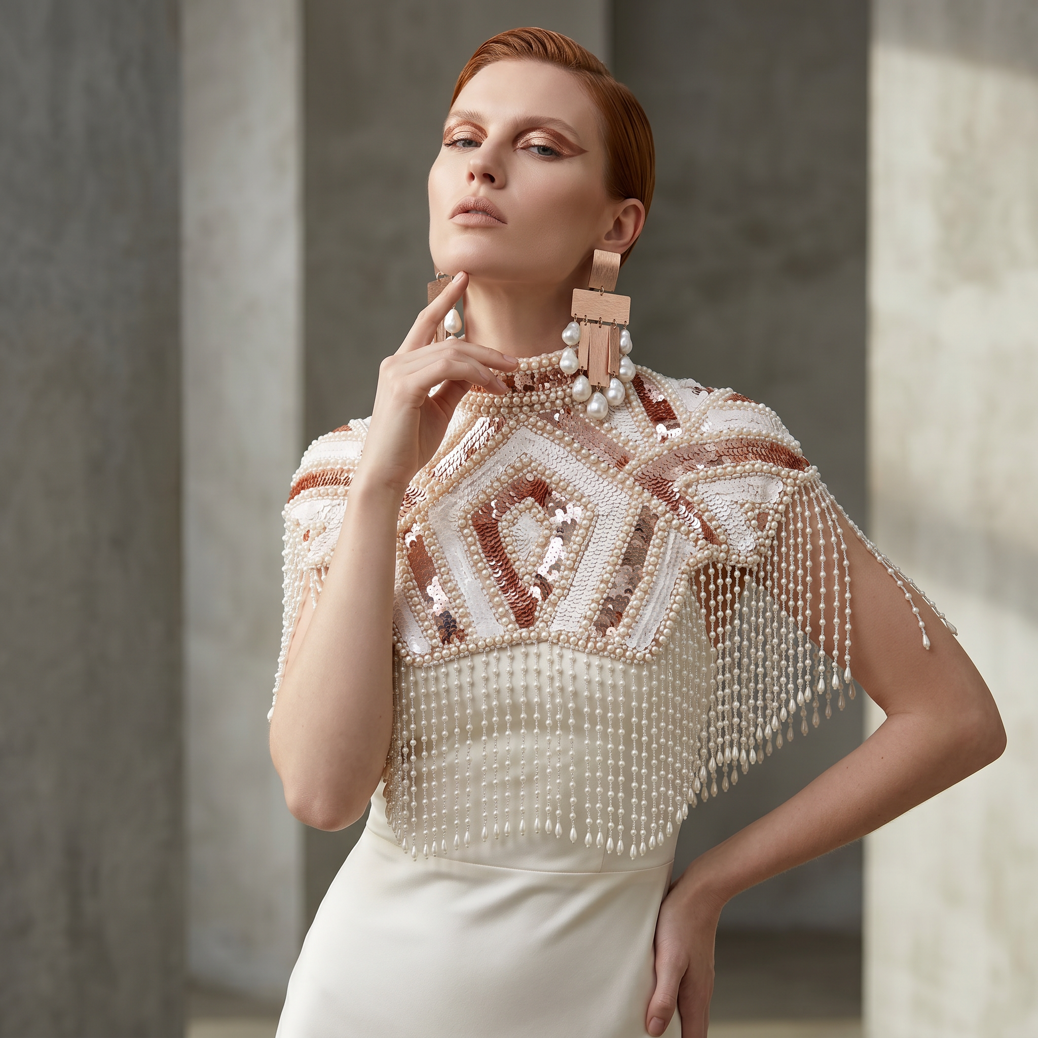 The "Pearl Deco" Beaded Fringe Cape, Pink & White