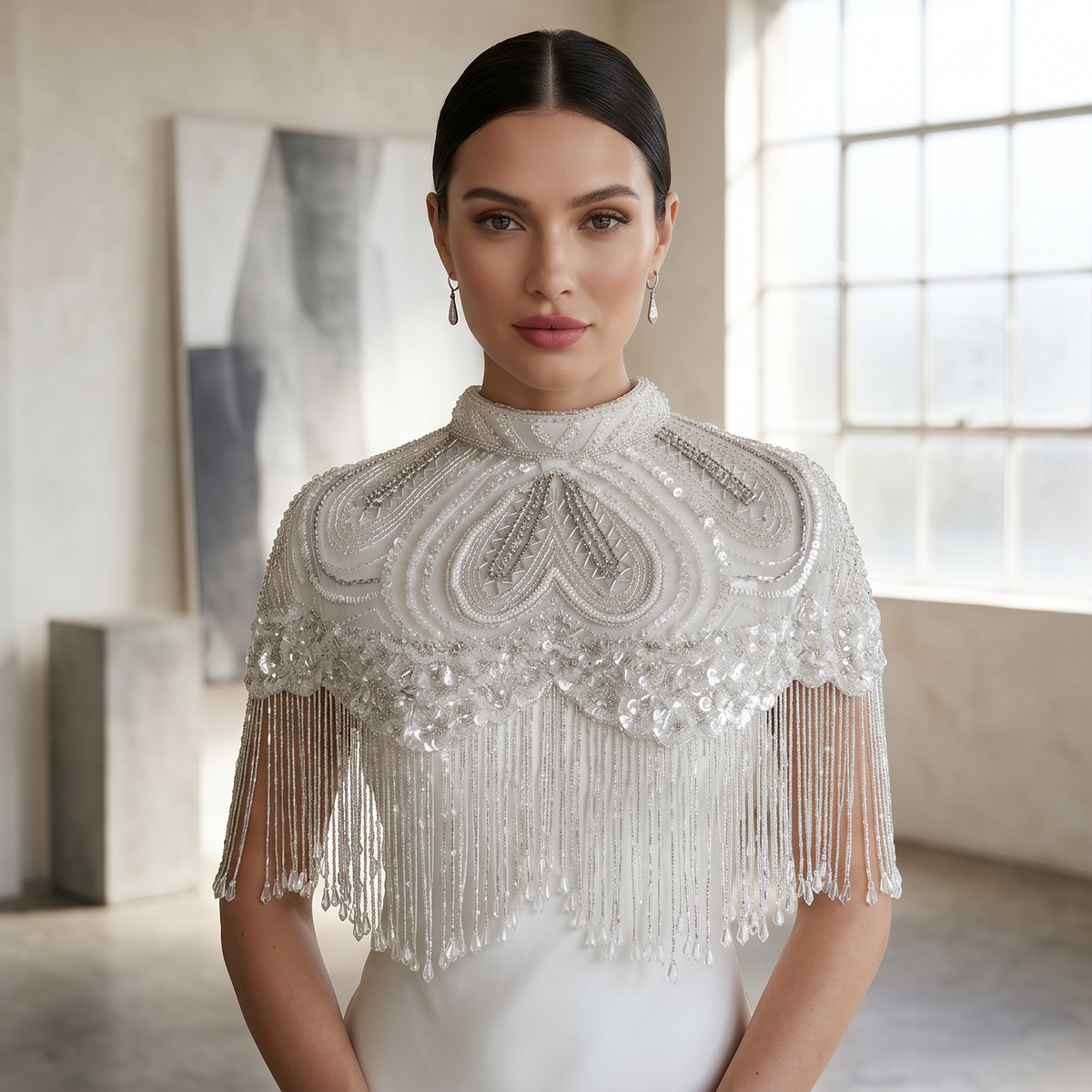 The "Opaline" Beaded Fringe Cape, White & Silver