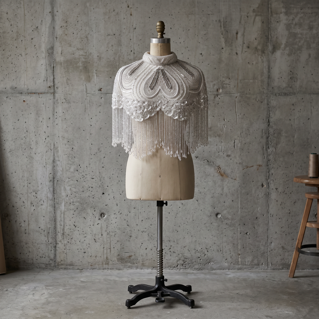 The "Opaline" Beaded Fringe Cape, White & Silver