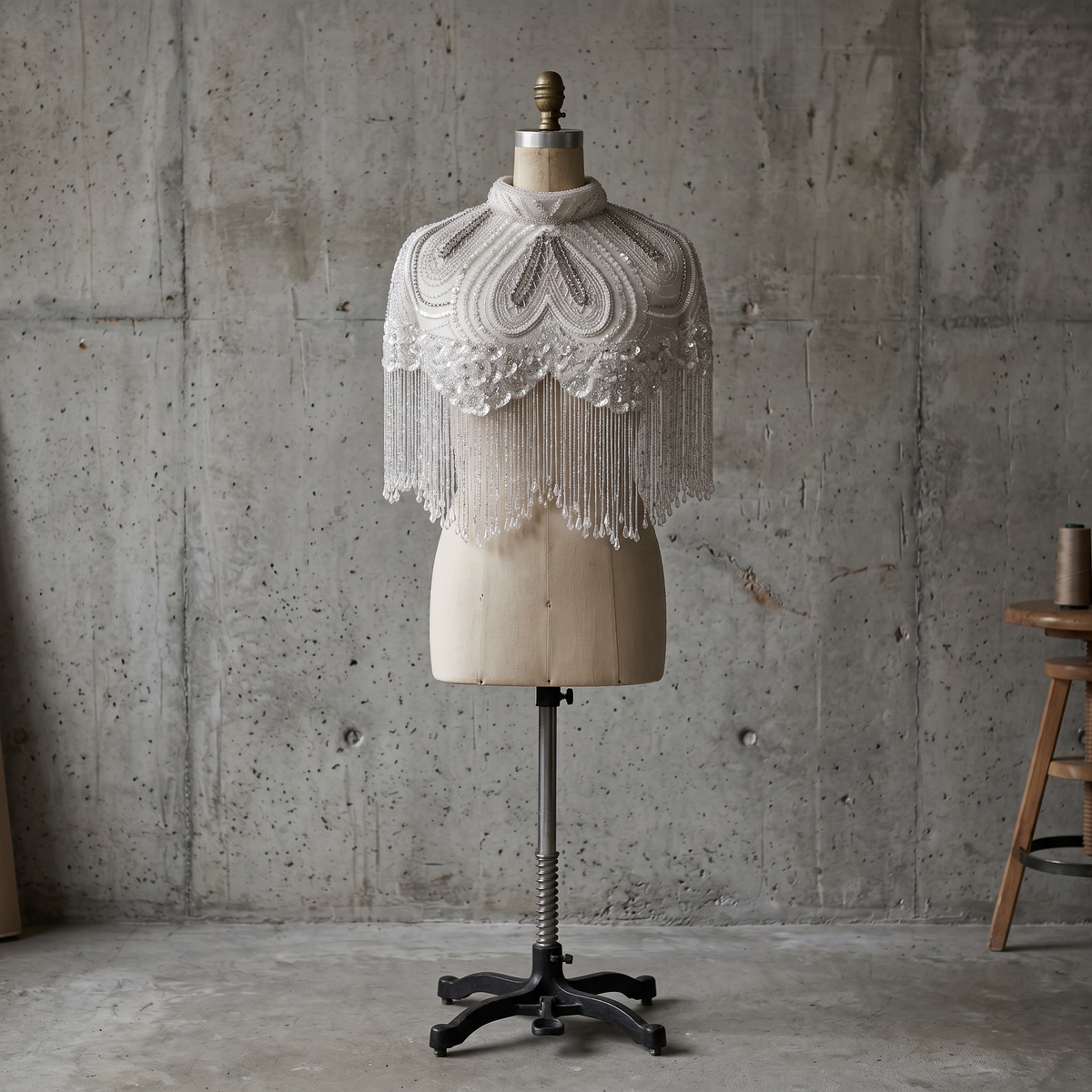 The "Opaline" Beaded Fringe Cape, White & Silver
