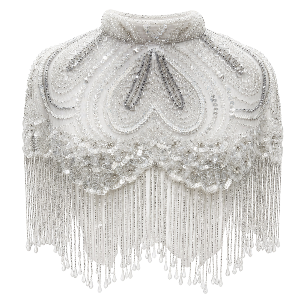 The "Opaline" Beaded Fringe Cape, White & Silver