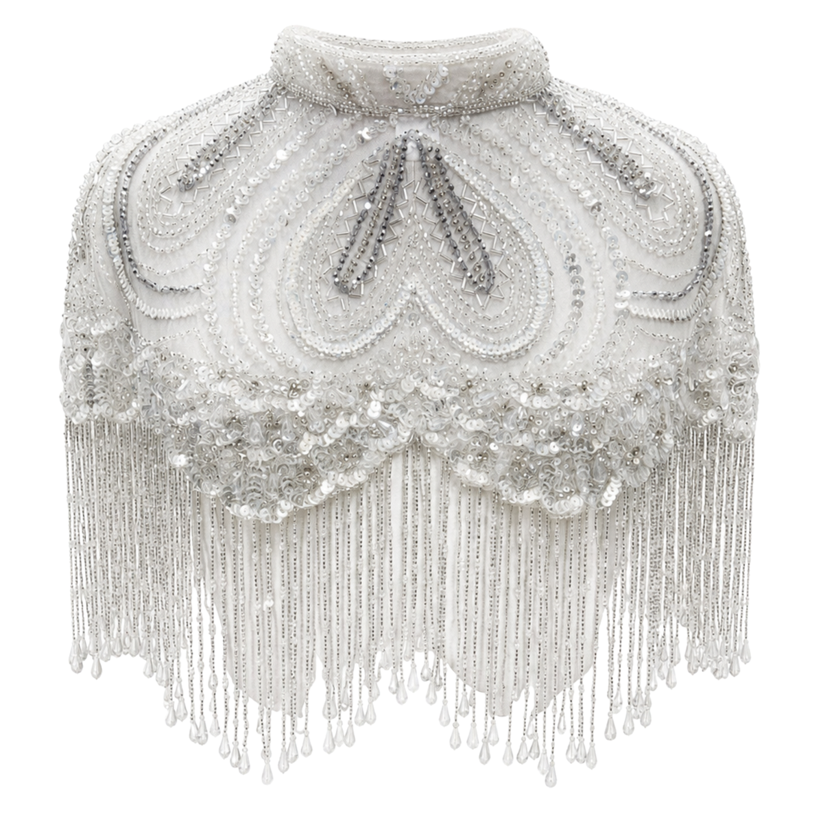 The "Opaline" Beaded Fringe Cape, White & Silver