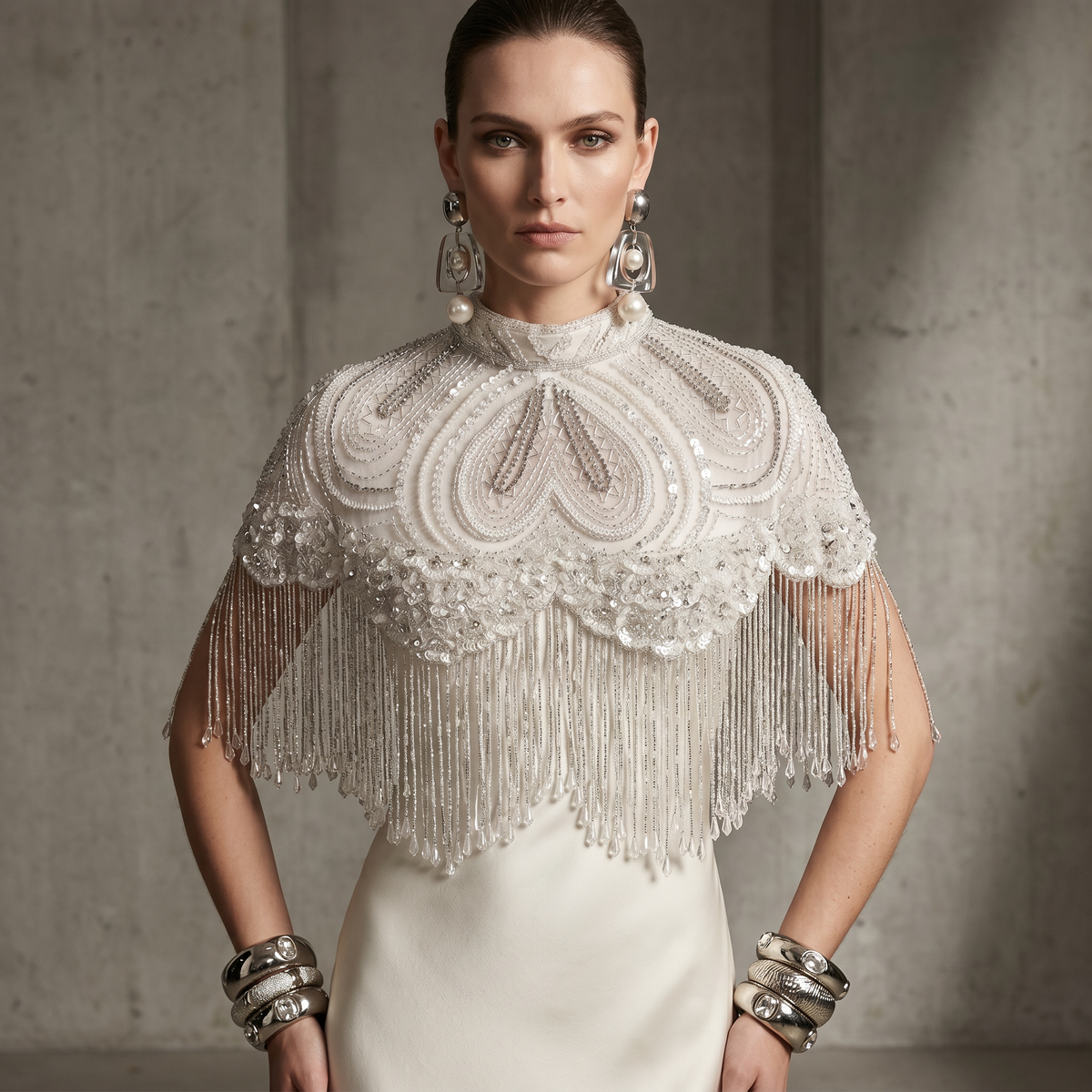 The "Opaline" Beaded Fringe Cape, White & Silver
