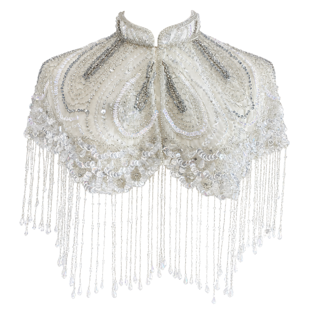 The "Opaline" Beaded Fringe Cape, White & Silver