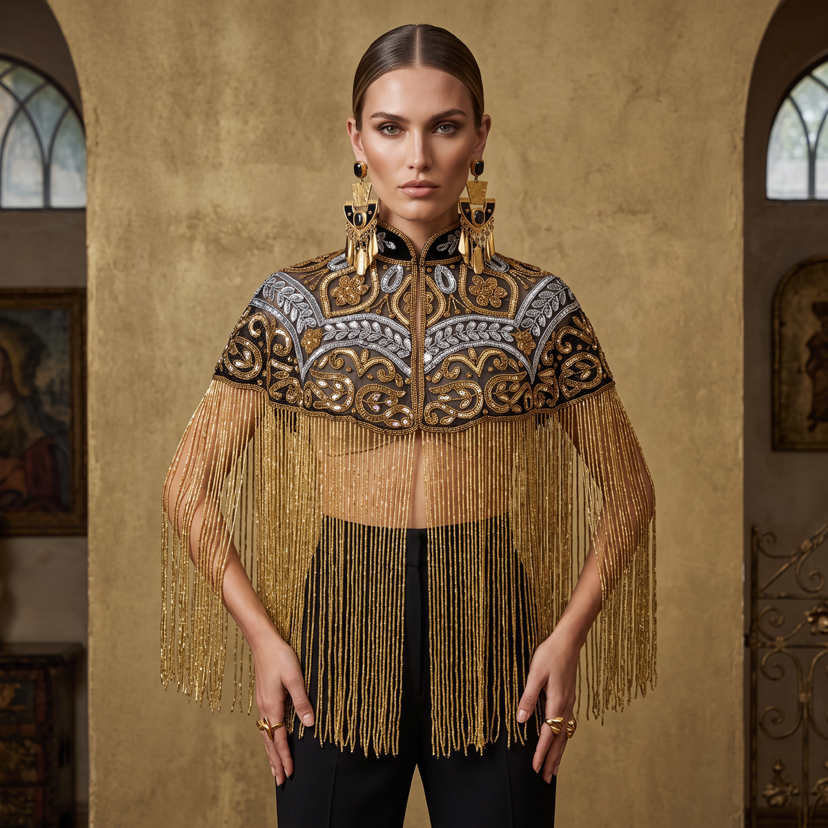 The Gilded Baroque Capelet, Gold & Silver Beaded Fringe Statement Cape