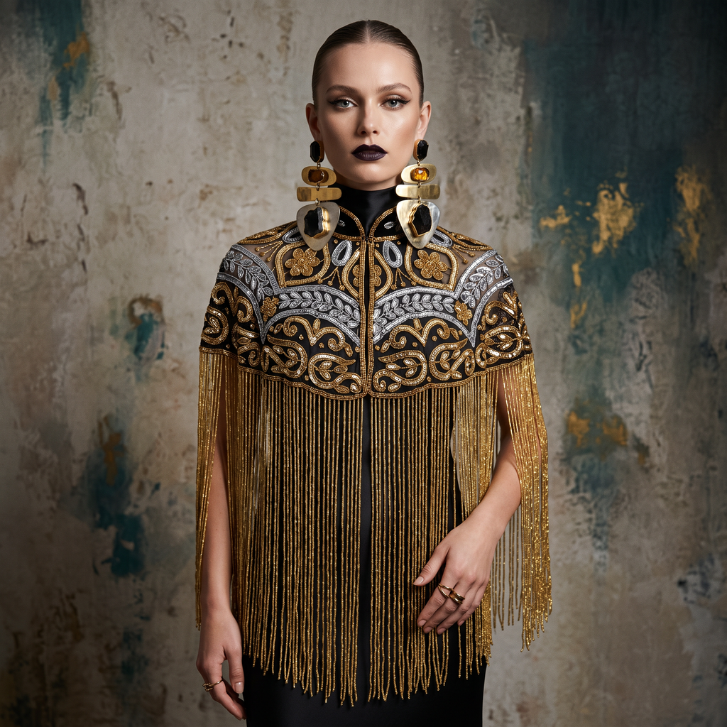 The Gilded Baroque Capelet, Gold & Silver Beaded Fringe Statement Cape
