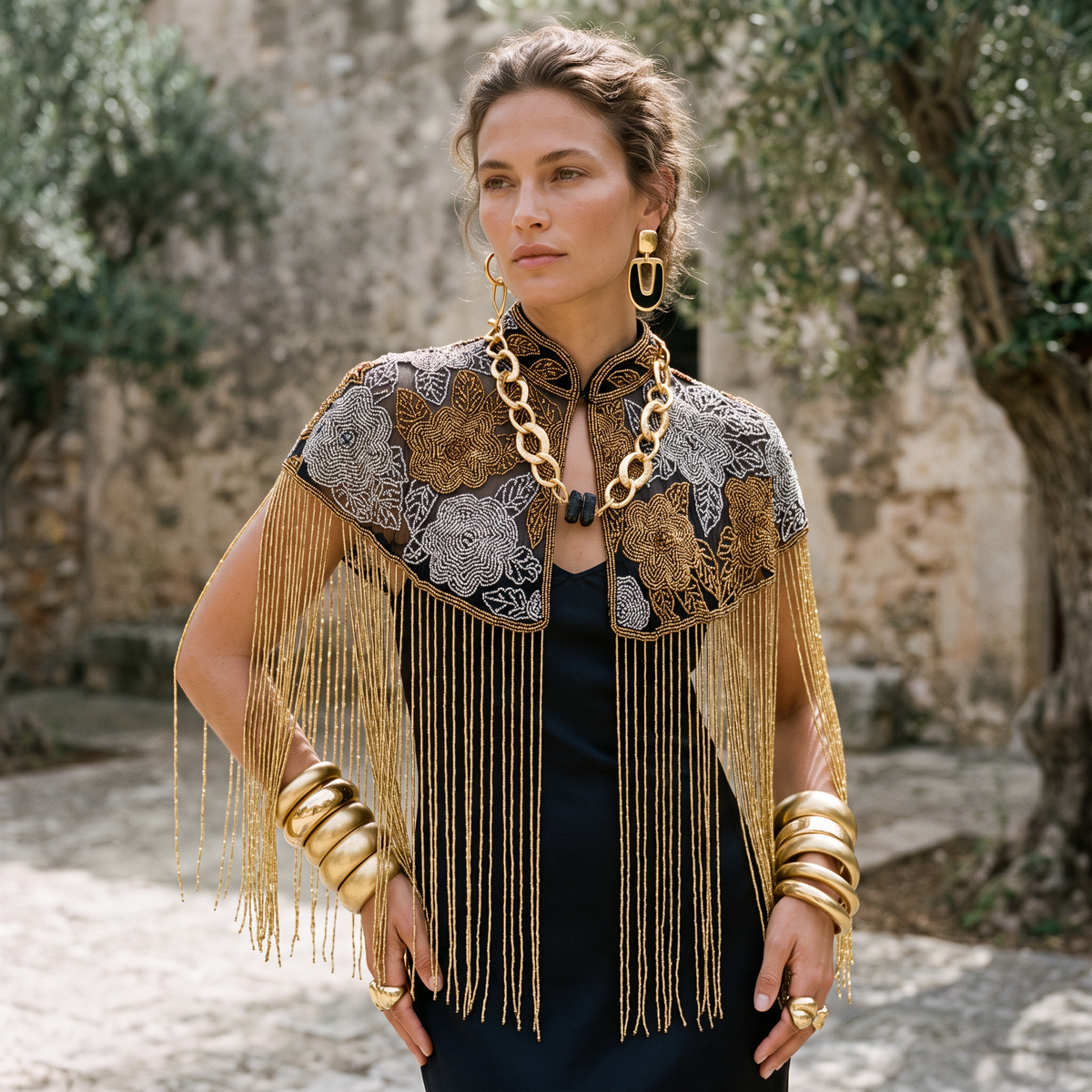 The Bellamy | Hand-Beaded Floral Fringe Capelet