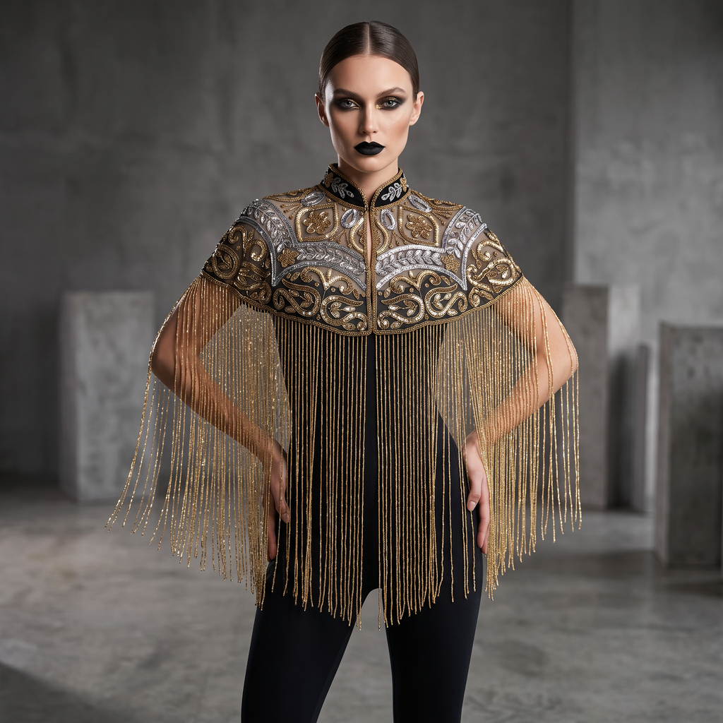The Gilded Baroque Capelet, Gold & Silver Beaded Fringe Statement Cape