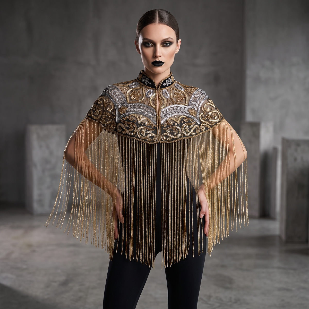 The Gilded Baroque Capelet, Gold & Silver Beaded Fringe Statement Cape