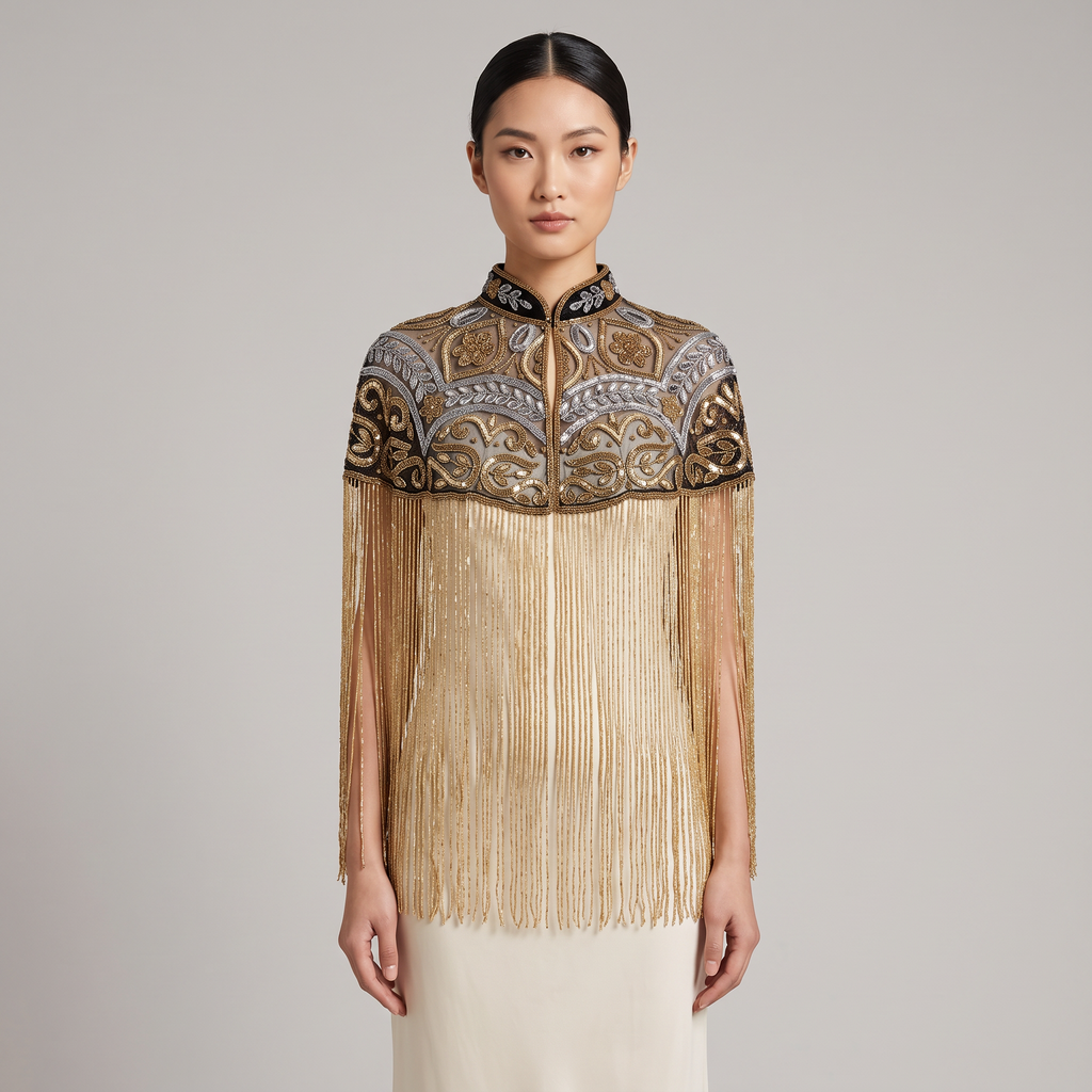 The Gilded Baroque Capelet, Gold & Silver Beaded Fringe Statement Cape
