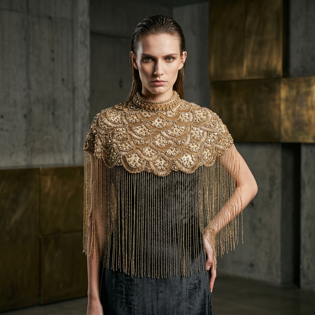 The "Starlight Cascade" Beaded Fringe Cape, Gold