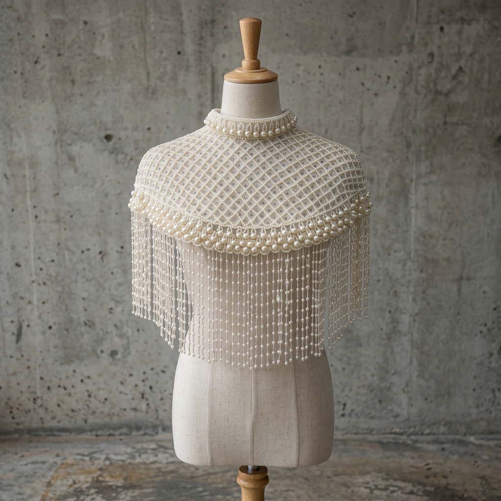 The "Elegant Pearl" Beaded Fringe Cape, Ivory