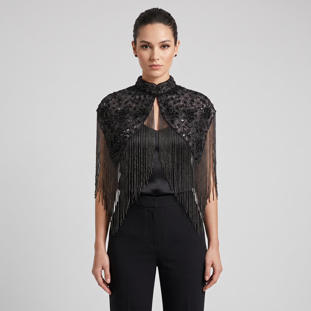 The Solara | Hand-Beaded Fringe Capelet — Black, Red, Silver & Gold