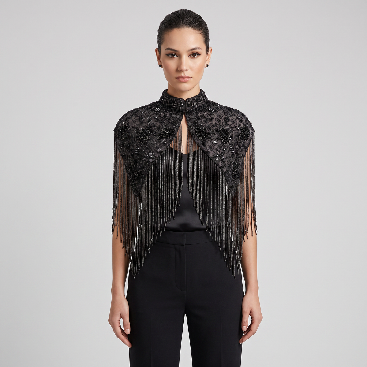 The Solara | Hand-Beaded Fringe Capelet — Black, Red, Silver & Gold