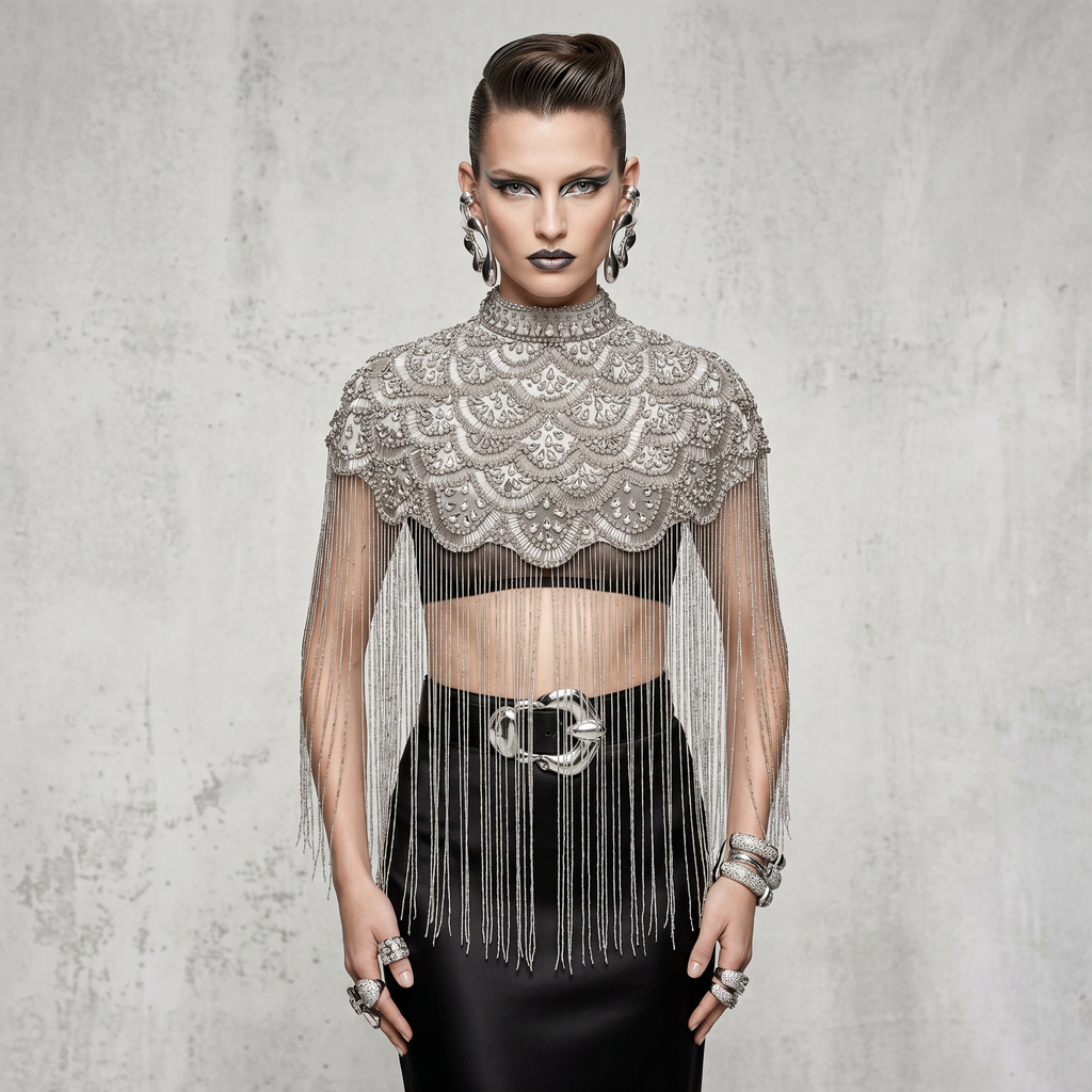 Sterling Fan Beaded Capelet, Silver Rhinestone Fringe Cape