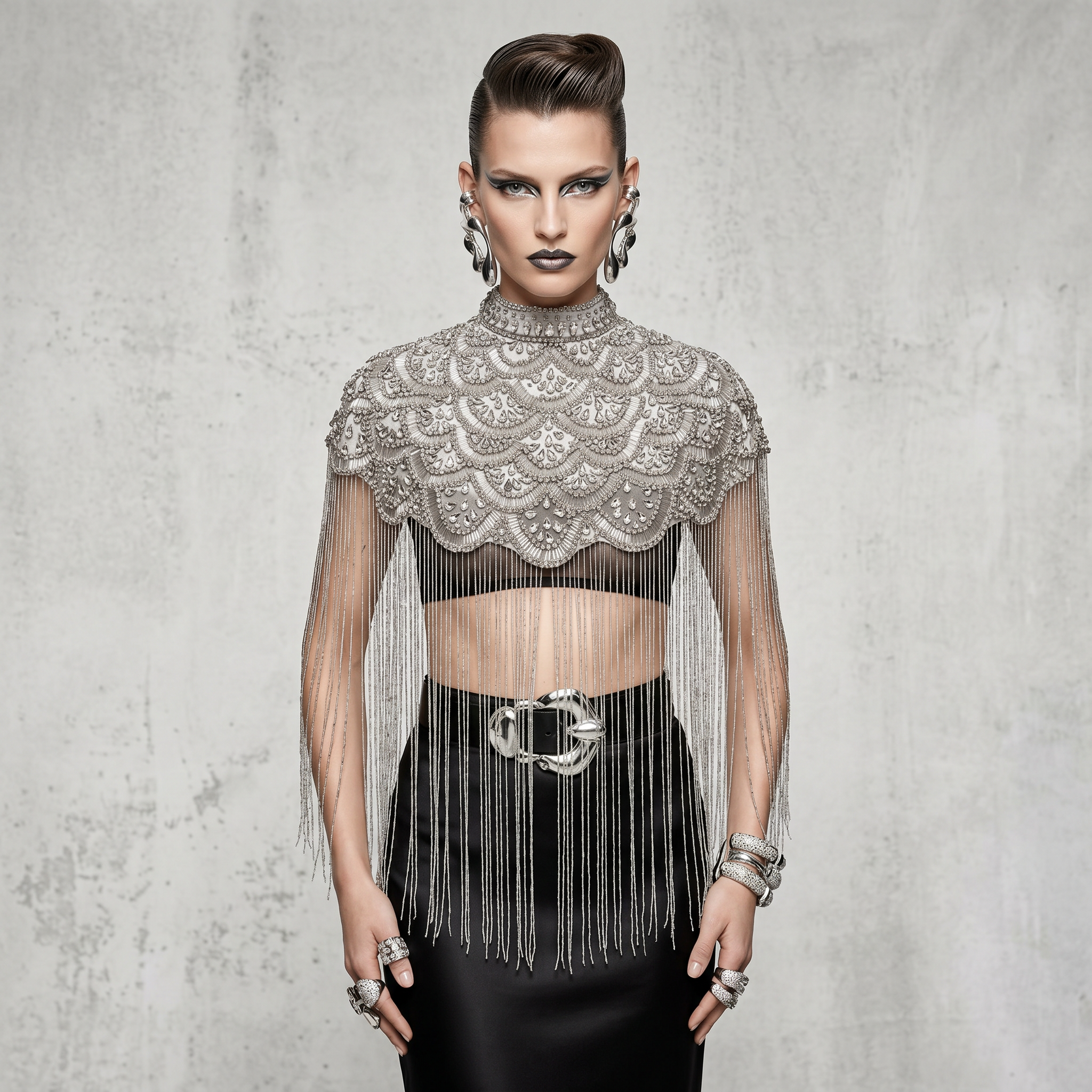Sterling Fan Beaded Capelet, Silver Rhinestone Fringe Cape