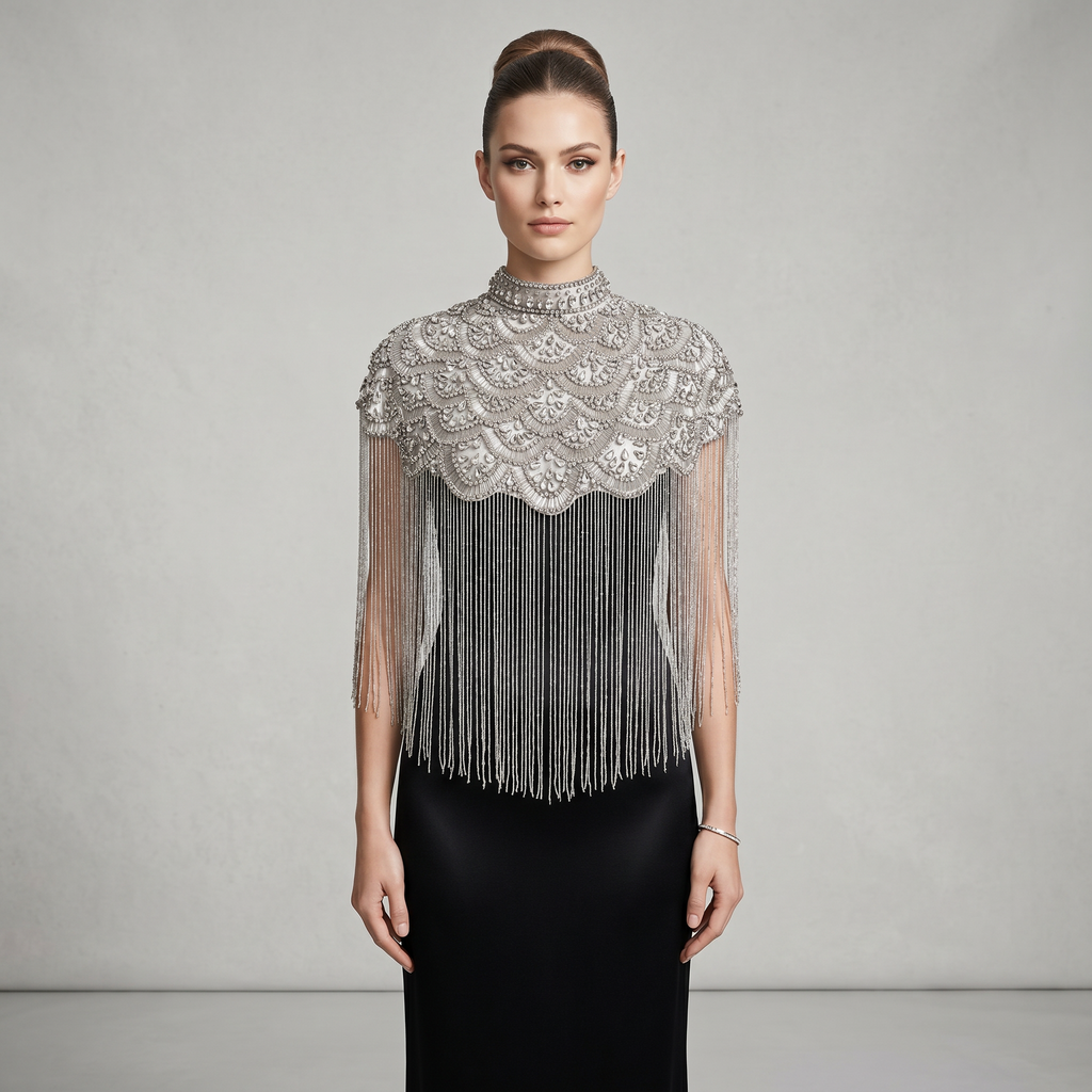 Sterling Fan Beaded Capelet, Silver Rhinestone Fringe Cape