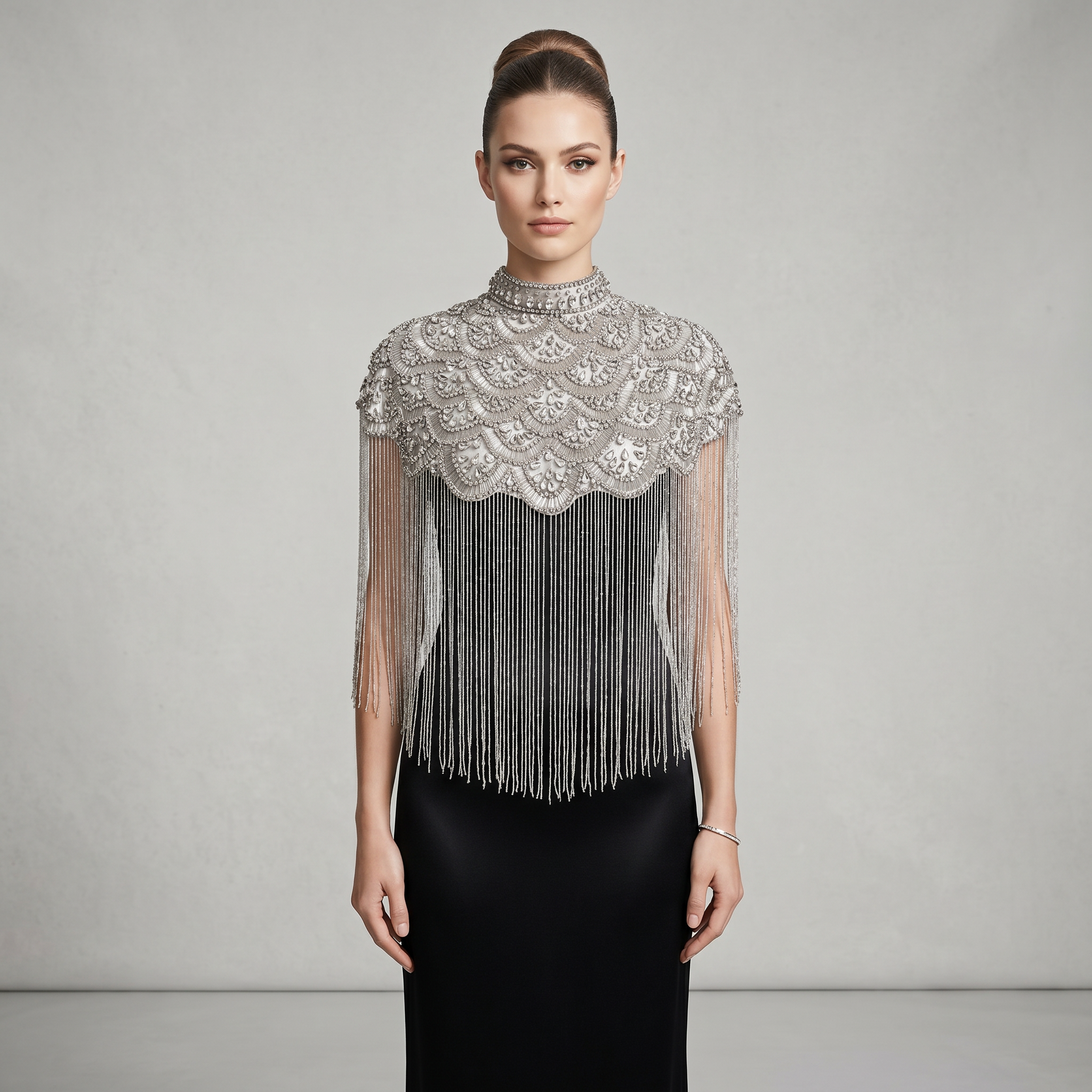 Sterling Fan Beaded Capelet, Silver Rhinestone Fringe Cape