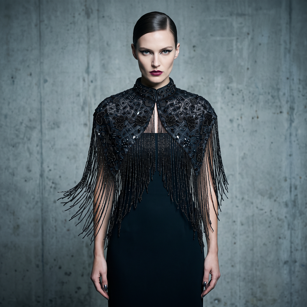 The Solara | Hand-Beaded Fringe Capelet — Black, Red, Silver & Gold
