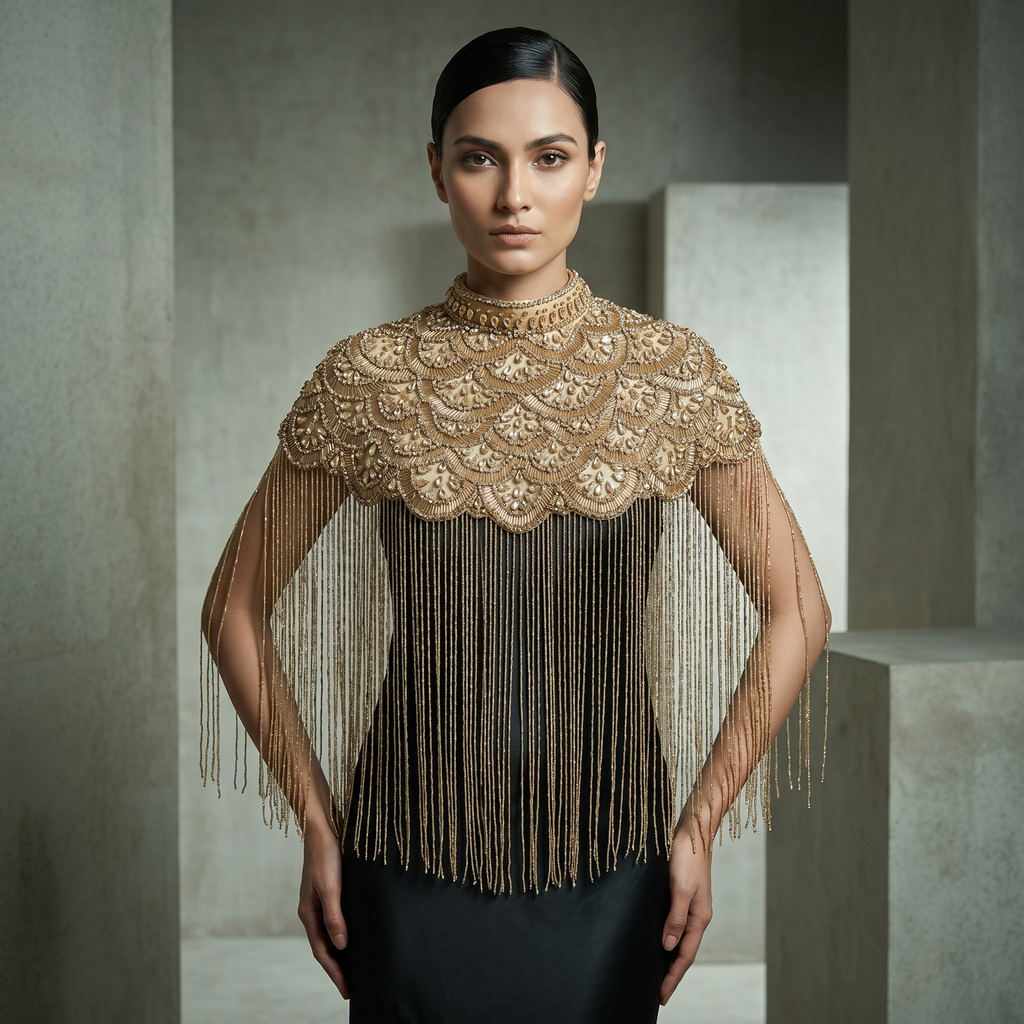The "Starlight Cascade" Beaded Fringe Cape, Gold