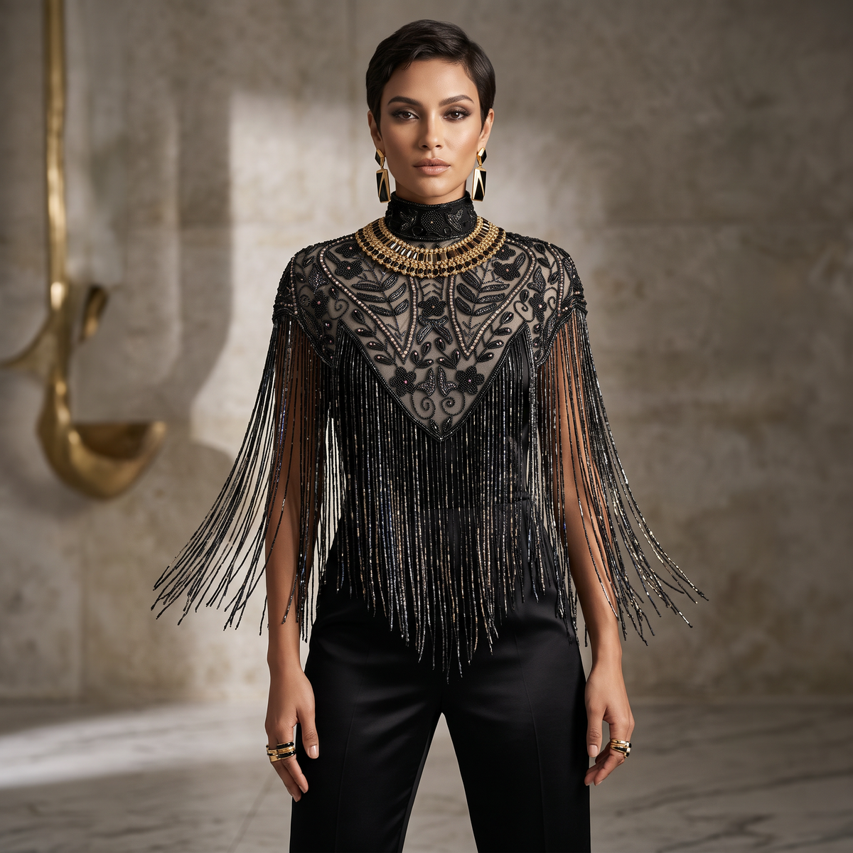 Noir Jardin Beaded Capelet, Black Fringe Cape
