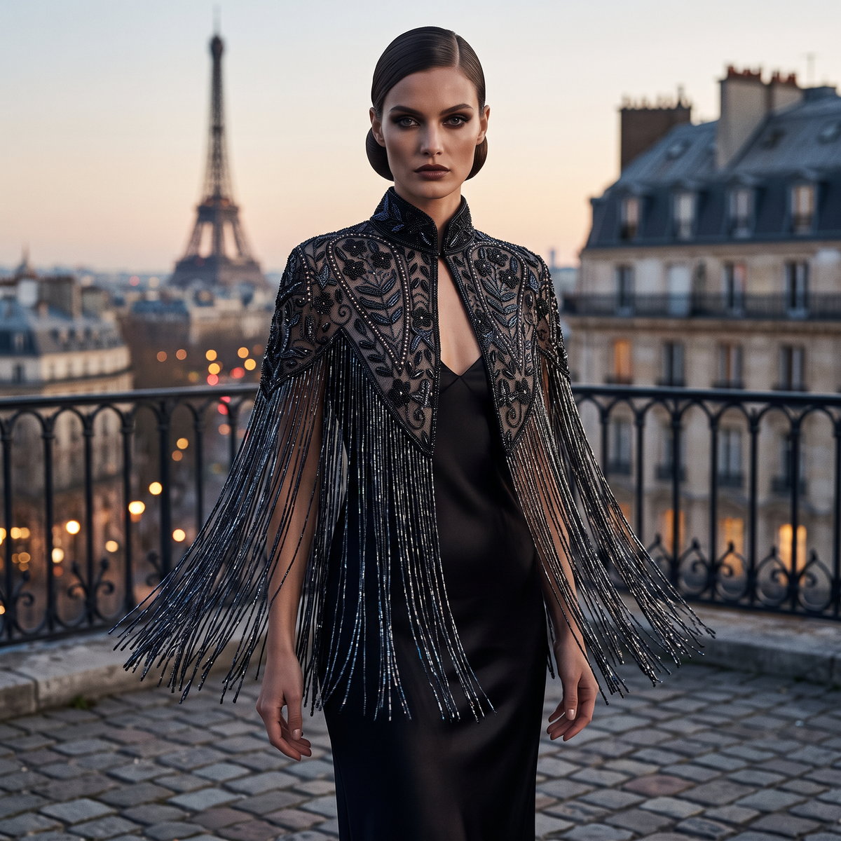 Noir Jardin Beaded Capelet, Black Fringe Cape